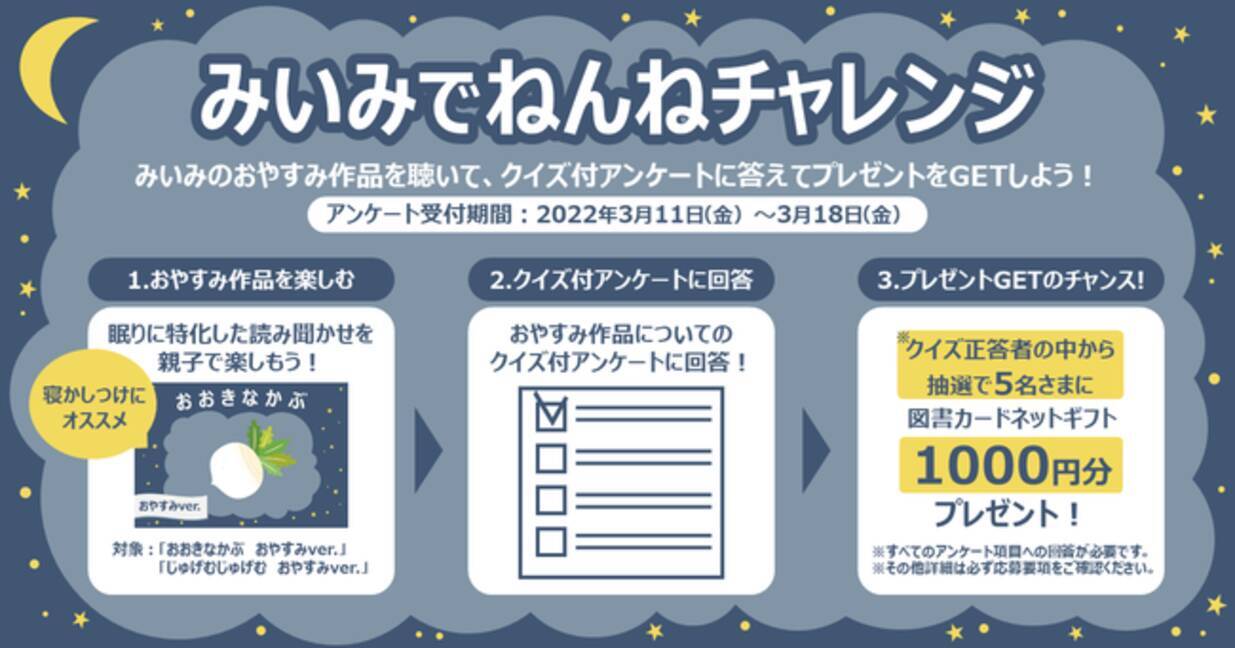 抽選で図書カードネットギフトがもらえる 絵本読み聞かせアプリ みいみ キャンペーン開始 みいみにて寝かしつけ効果についてのアンケートキャンペーンを実施 22年3月11日 エキサイトニュース 4 5