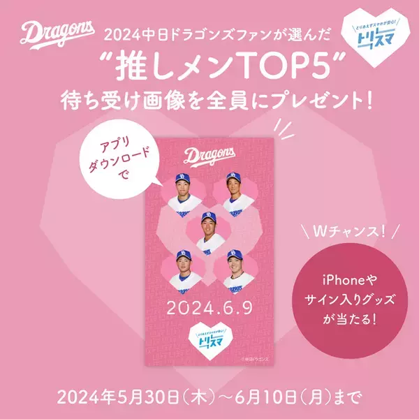 「トリスマアプリダウンロードで、中日ドラゴンズ選手の“推しメン”待ち受け画像が無料で貰えるキャンペーン！サイン入りグッズや中古iPhoneが当たるWチャンスも同時開催」の画像