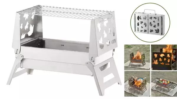 「開くだけの簡単セットアップ！BBQやMAKIBI料理も楽しめる！オールステンレス製の万能ファイヤーベース「たき火BBQベース」新発売！」の画像