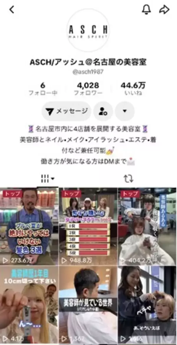 名古屋の美容室ASCH、TikTok動画が949万回再生を突破！100万再生超えの投稿も多数