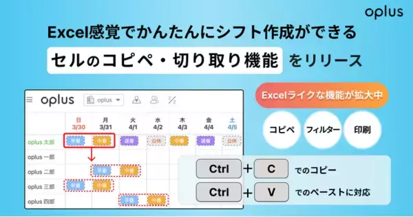 シフト・勤怠管理DXサービス「oplus」、Excel感覚でかんたんにシフト作成が可能な「セルのコピペ・切り取り機能」をリリース！