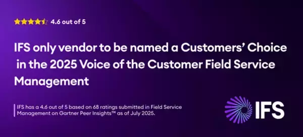 IFS、「Gartner(R) Peer Insights(TM) フィールドサービス管理のVoice of the Customer」レポートでCustomers’ Choiceに選出された唯一のベンダーに