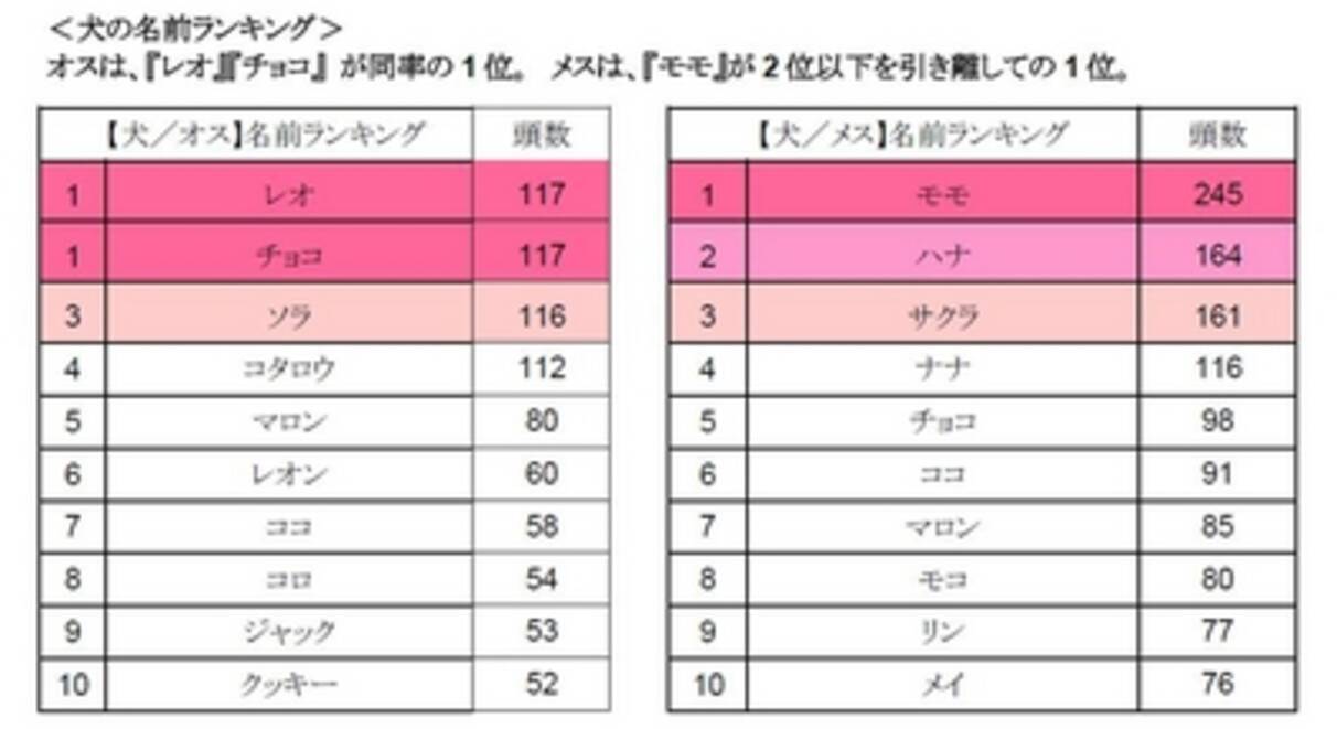 21 448頭を調査 13年愛犬愛猫名前ランキング 犬猫ともにメスの名前は モモ 犬のオスは レオ チョコ が同率1位 猫のオスは ソラ が1位 13年10月17日 エキサイトニュース