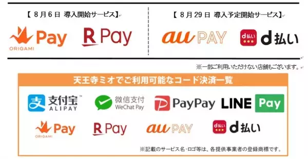 天王寺ミオ、「Origami Pay」「楽天ペイ」などの決済サービスを新たに導入！