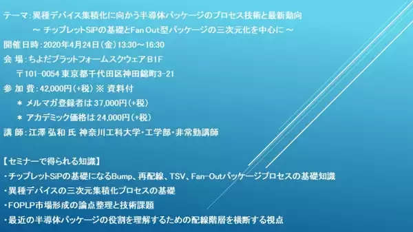 【セミナーご案内】異種デバイス集積化に向かう半導体パッケージのプロセス技術と最新動向　4月24日（金）開催　主催：(株)シーエムシー・リサーチ