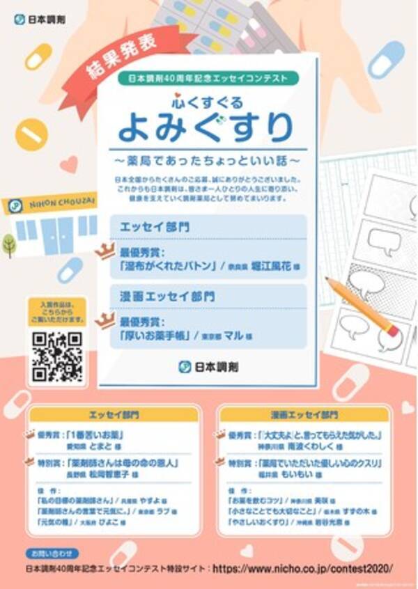 日本調剤40周年記念エッセイコンテスト 心くすぐるよみぐすり 薬局であったちょっといい話 結果発表 思わずほっこりする入賞作品12点を特設サイトで公開 年11月10日 エキサイトニュース