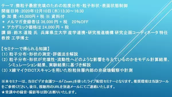 【ライブ配信セミナー】微粒子最密充填のための粒度分布・粒子形状・表面状態制御　12月10日（木）開催　主催：(株)シーエムシー・リサーチ