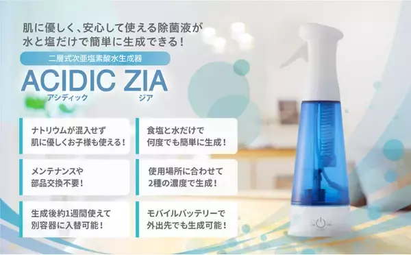 次亜塩素酸ナトリウム混入ゼロで微酸性と弱酸性2種類の次亜塩素酸水を生成できる家庭用二層式生成器「ACIDIC ZIA」12月21日より販売開始
