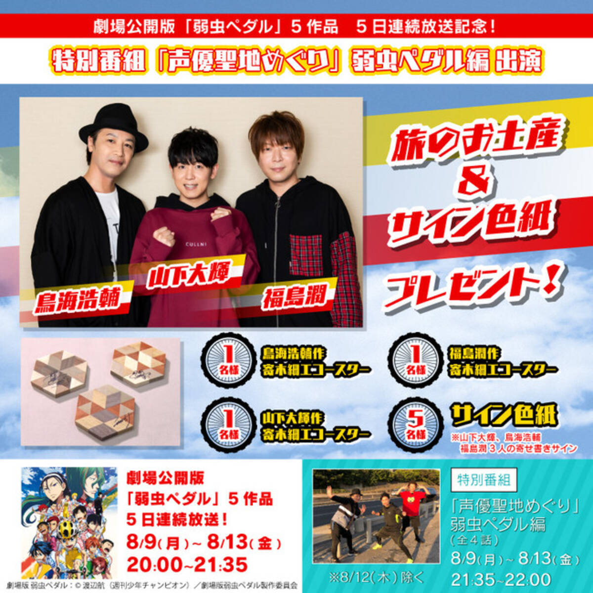 劇場公開版 弱虫ペダル 5作品 放送記念 出演声優 山下大輝 鳥海浩輔 福島潤が作品の舞台を旅して作った世界で１つだけの手作りコースター プレゼントキャンペーン コメント 21年8月5日 エキサイトニュース