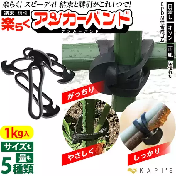 農業や工場など屋外で使える、合成ゴム性結束バンド「楽らくアンカーバンド！」が新発売