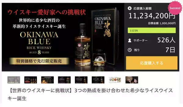 沖縄でしか造れない新たなウイスキー『沖縄 BLUE 8年』がクラウドファンディングMakuakeで目標達成率1,123%を突破！先行限定価格で手に入るのは残りあとわずか。