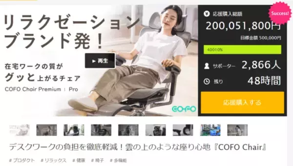 応援購入総額2億円突破！リラクゼーションブランドCOFOが在宅ワーク時代に求められる超本格ワークチェア「COFO Chair」を提供。