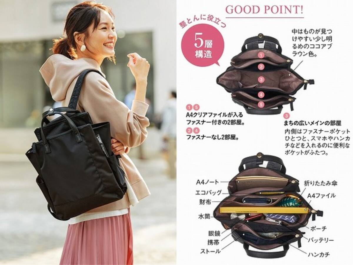 リュックの中身、5層ポケットで素早く仕分けて整理！「トート見えが 