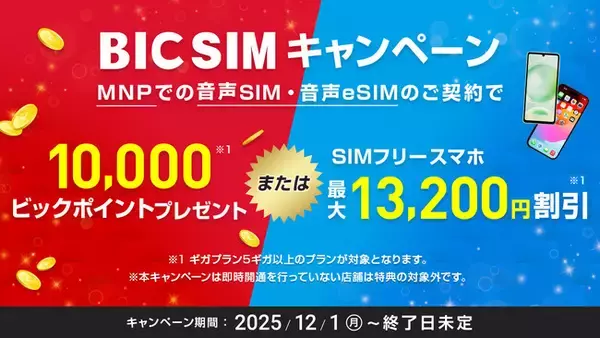 「【12月1日から】ビックカメラ店頭申込みならスマホ最大13,200円割引、月額料金は900円～に！「端末購入」も「毎月のスマホ代」もダブルでお得なBIC SIMキャンペーン」の画像