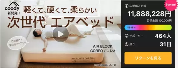 【開始初日で応援購入700万円突破！】アウトドアブランドcoody（クーディ）から従来比36%の軽量化と「沈まない」寝心地を実現した新世代エアベッド「COREO」をMakuakeにて先行受付開始