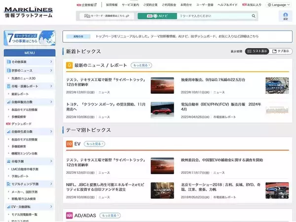 マークラインズ「情報プラットフォーム」トップページを一新しました