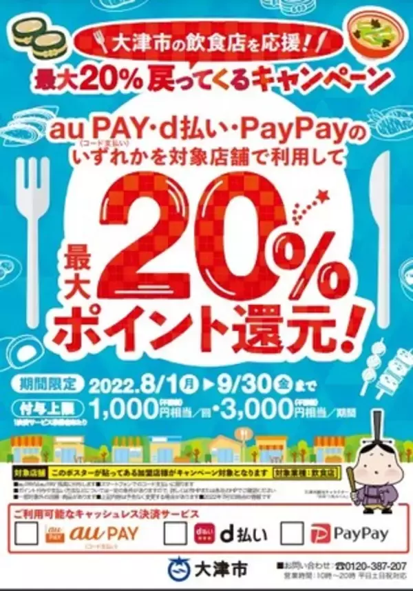 キャッシュレス決済ポイント還元事業「大津市の飲食店を応援！最大20％戻ってくるキャンペーン」開催