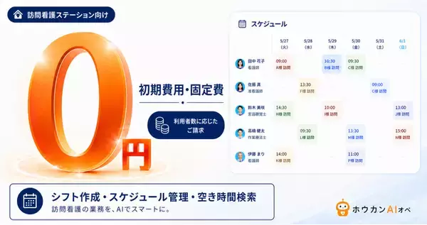 訪問看護向けAIエージェント「ホウカンAIオペ」、新機能「AIシフト作成」を初期費用ゼロ、固定費ゼロ、契約期間縛りゼロで提供開始。