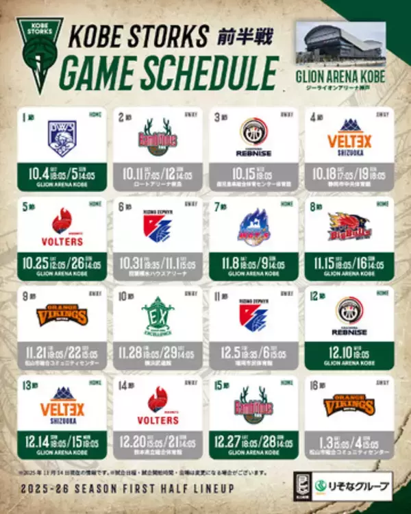 りそなグループBリーグ 2025-26シーズン後半戦ホームゲーム 試合開始時間 決定のお知らせ