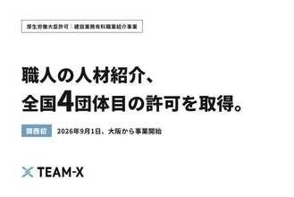TEAM-X、グループ法人が"職人・現場作業員"の有料職業紹介許可を取得(関西初・全国4団体目)施工管理から技能職まで、建設業界の採用をワンストップ支援へ