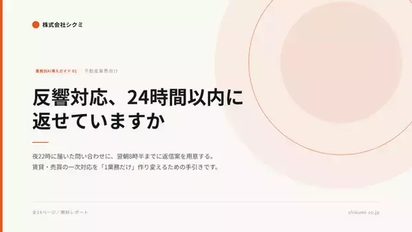 夜22時に届いた反響が、翌朝8時半には返信案になっている。不動産会社向け無料レポート『反響対応、24時間以内に返せていますか』を公開