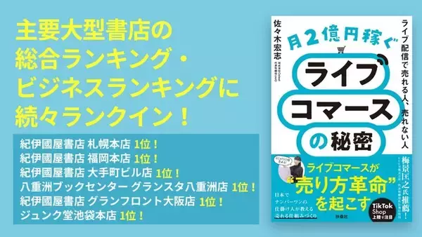 「Cellest代表取締役CEO・佐々木宏志著『月2億円稼ぐライブコマースの秘密　～ライブ配信で売れる人、売れない人～』東京・大阪中心に主要大型書店6店舗で1位獲得」の画像