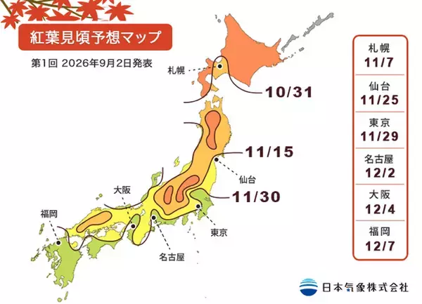 2026年第1回 紅葉・黄葉見頃予想を発表　残暑の影響で、今秋の見頃は全国的に平年より遅いところも