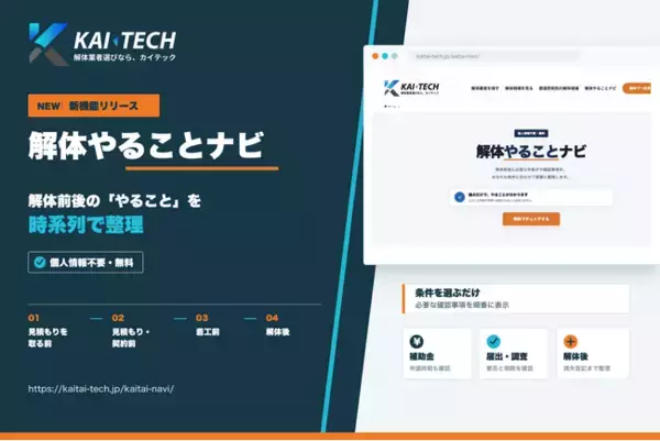 解体工事の「流れ・手順・手続き」を時系列で整理、無料機能「解体やることナビ」をKAI-TECH（カイテック）が公開