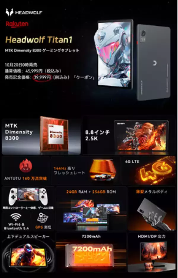 Headwolf Titan1後2日で発売！MTK 8300搭載の8.8インチ軽量ゲーミングタブレット！144Hz 2.5K！初回分6,000台で5,500名以上がクーポンを取得済！早い者勝ち！