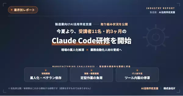 株式会社if、製造業向けAI活用伴走支援の取り組み状況を公開──今夏より製造業の企業で受講者11名・約3ヶ月のClaude Code研修を開始、現場の属人化解消と業務自動化人材の育成へ