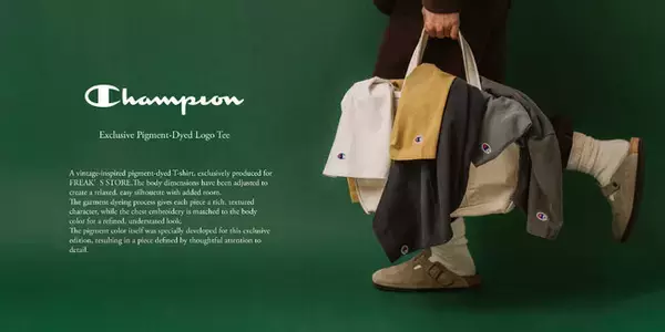 ChampionにFREAK'S STOREが別注したTシャツが登場。ピグメント加工を施した、ヴィンテージライクな1着です。