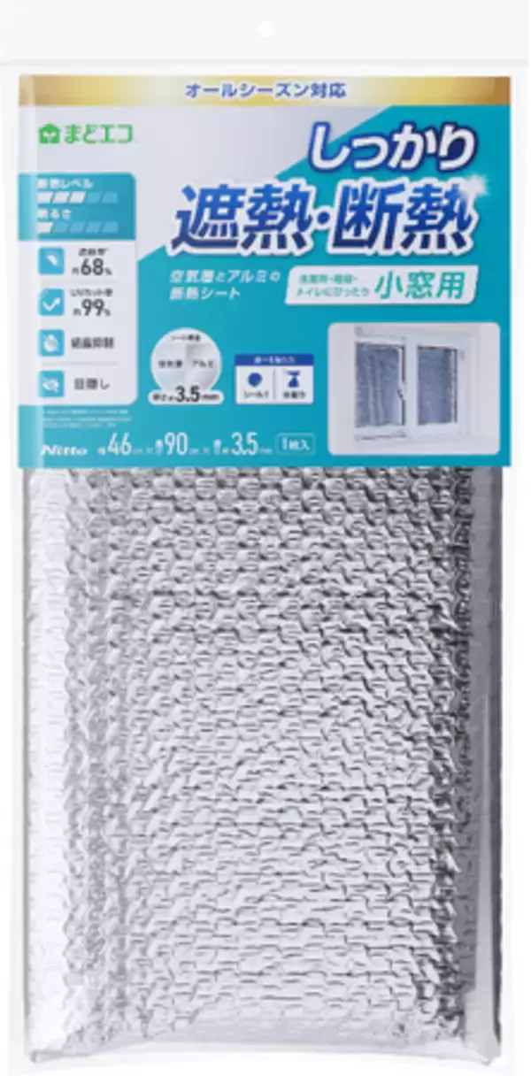 夏の暑さも冬の冷え込みも、アルミの反射と空気層の断熱で快適空間を実現　トイレやキッチンなどの小窓に貼るだけ！1年中使える断熱シート新発売