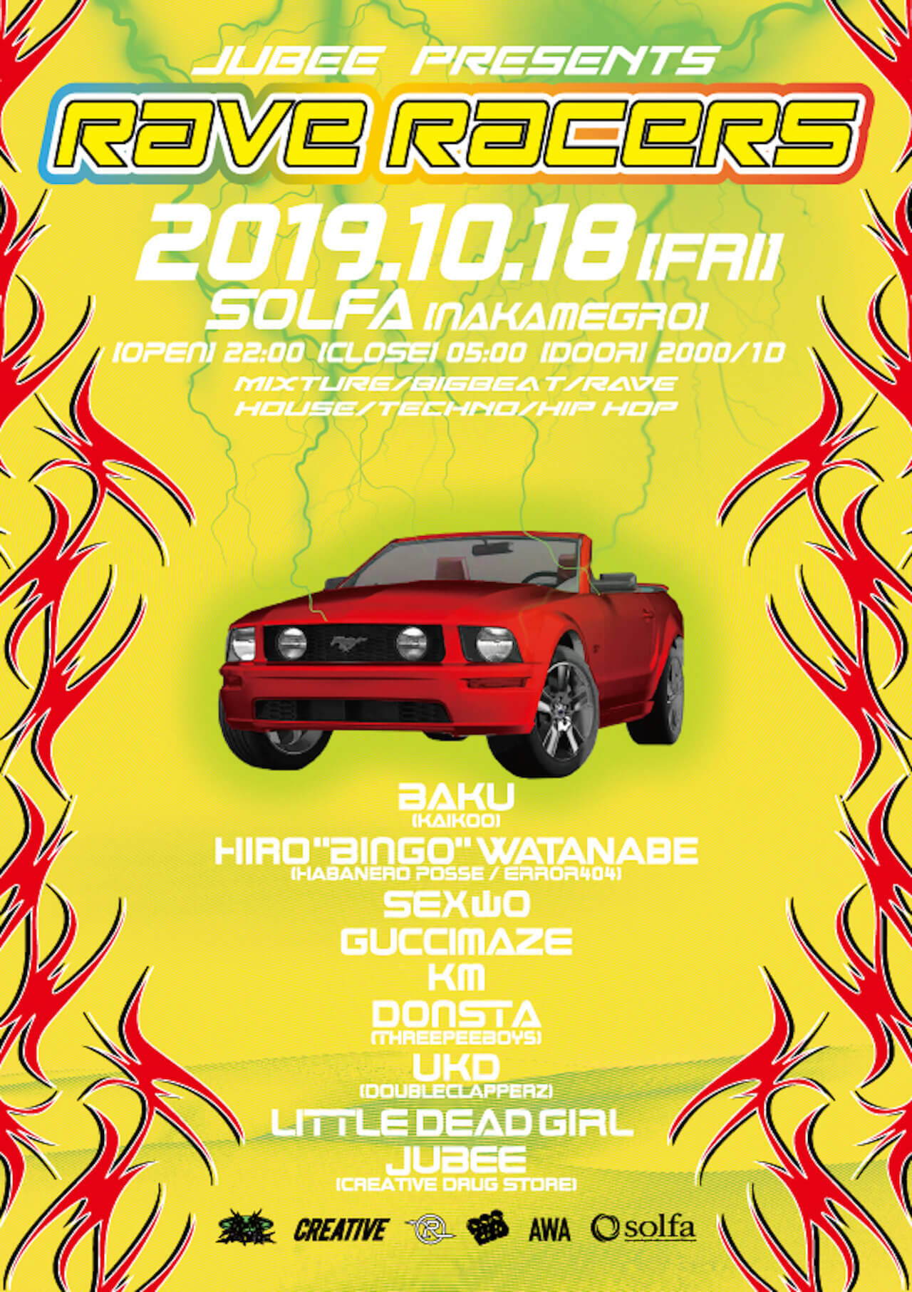 JUBEEの主催イベント＜Rave Racers＞が10月に中目黒solfaにて開催｜BAKU、Hiro “BINGO” Watanabe 、SEX山口、KM、GUCCIMAZEらが登場