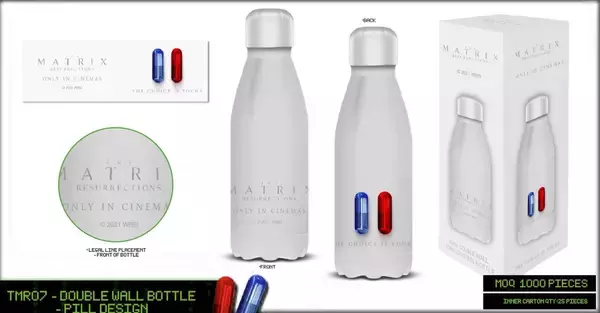 「全世界待望の『マトリックス レザレクションズ』のオリジナルワイヤレスイヤホン＆レッドピル／ブルーピルボトルをプレゼント！」の画像