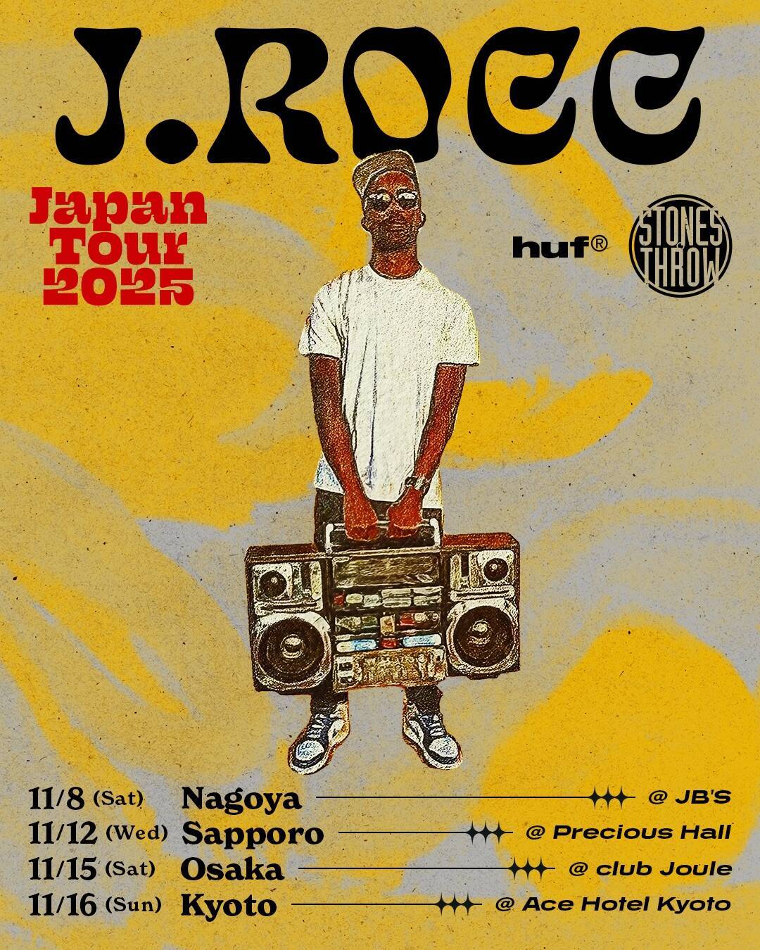 〈HUF〉がレジェンドDJ J Roccの日本ツアーを記念して〈Stones Throw〉を招いたトリプルコラボを発表