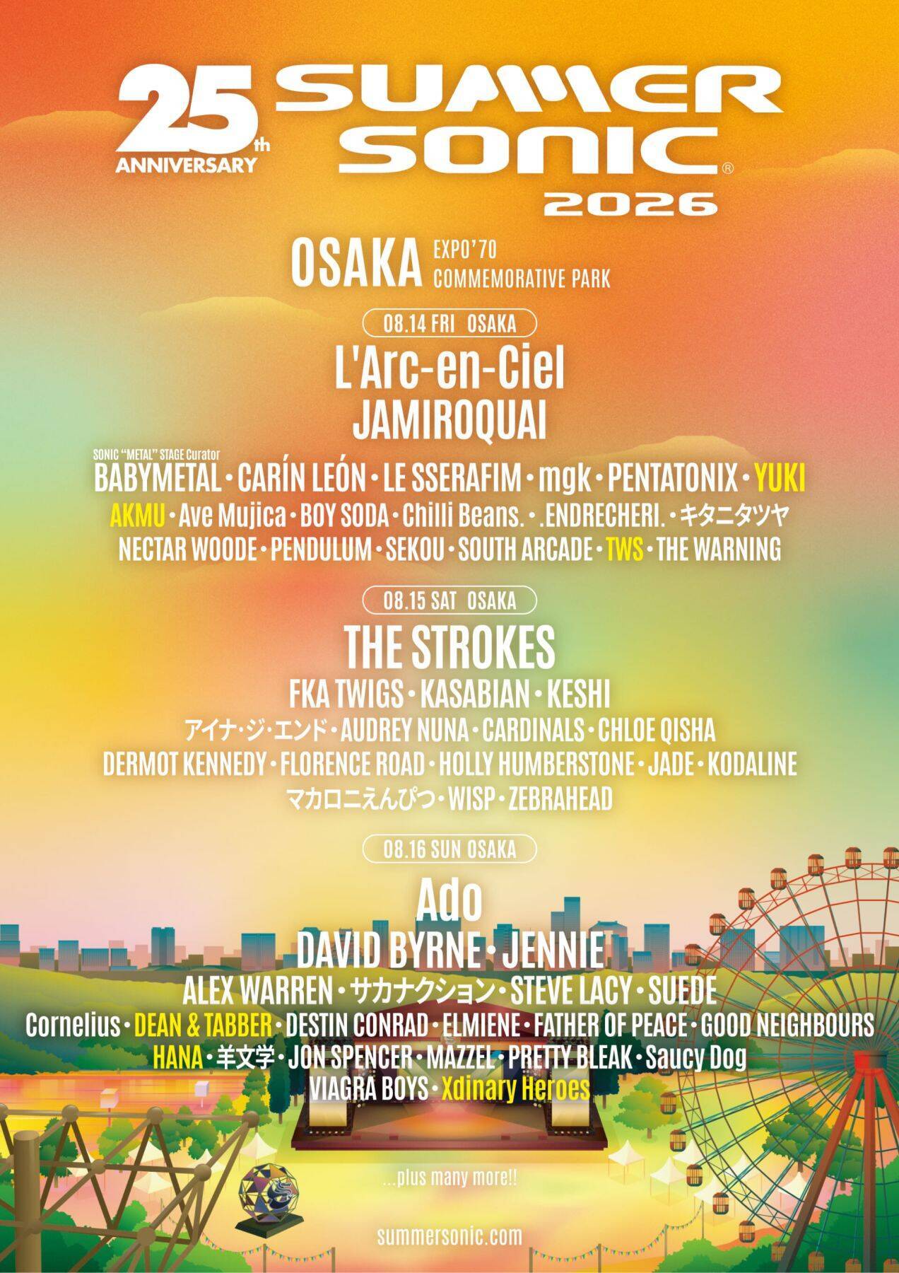 都市型フェス＜SUMMER SONIC 2026＞が国内・韓国から追加アーティスト第6弾を発表