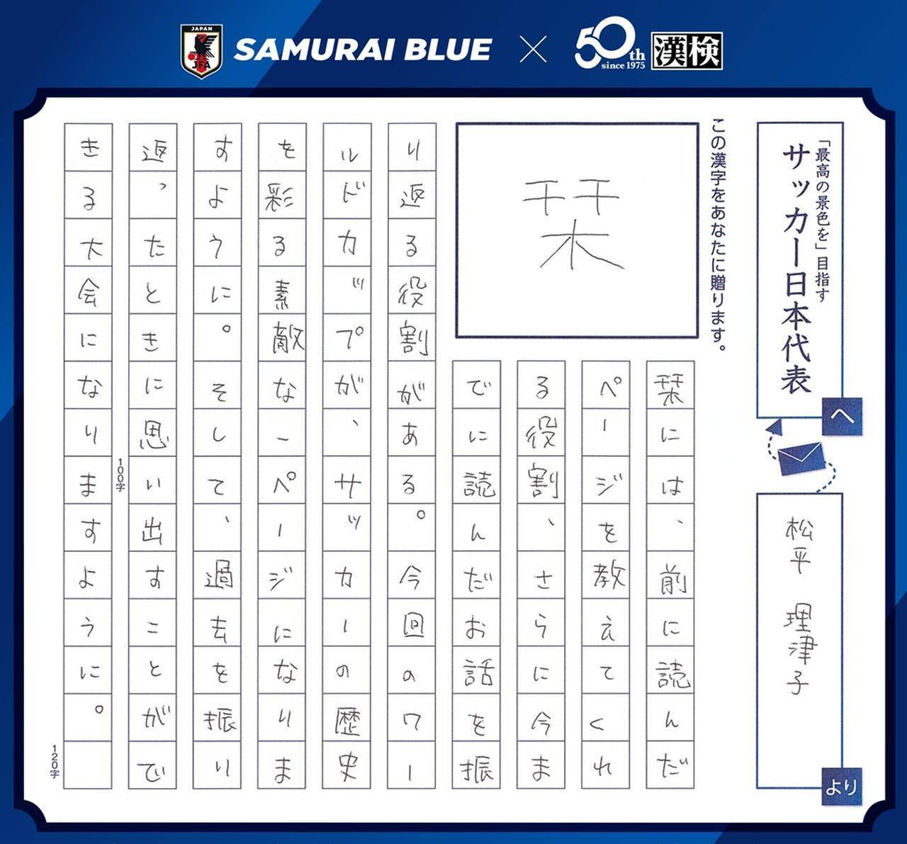 日本サッカー協会×漢検『SAMURAI BLUEを応援しようキャンペーン！』受賞作品決定！森保一監督賞は「一」に
