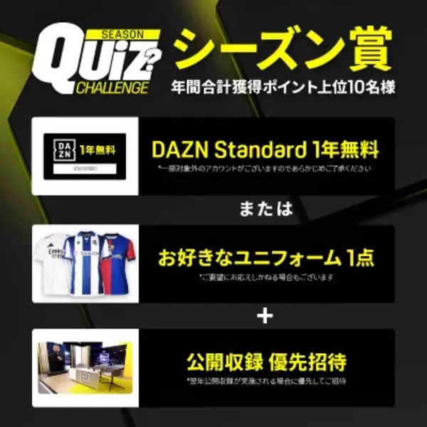 豪華賞品の「DAZNシーズンクイズチャレンジ2025」が今年もスタート！新たに“マンスリー参加賞”が追加