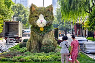 北京の日壇公園にもふもふの大きな「草猫」が登場―中国