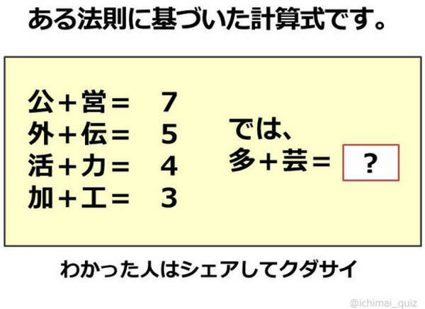 クイズ 公 営 7 で 加 工 3 ならば 多 芸 の答えはナニ 漢字 漢字 数字の計算式がムズカシイと話題に 12年6月27日 エキサイトニュース