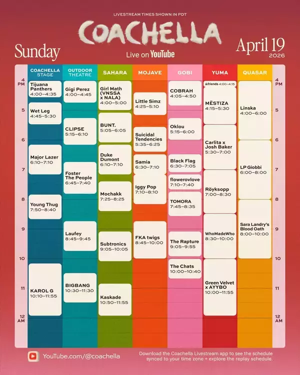 「コーチェラ2026【2週目】YouTubeで楽しむ　配信タイムテーブル一覧」の画像
