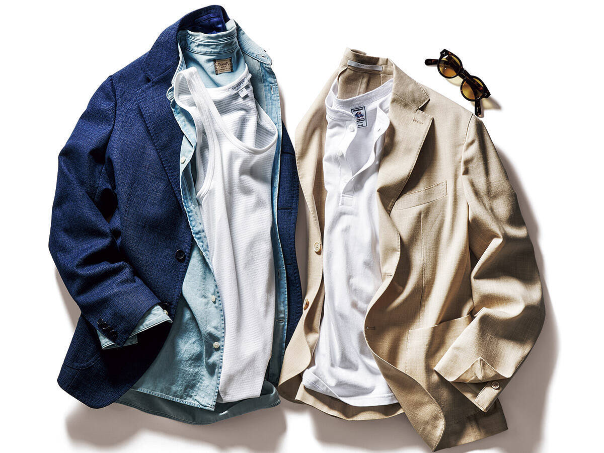 いつもの白インナーと 薄青デニムと相性抜群！ジャケット買うなら、"ビーチサンド色"と"海色"