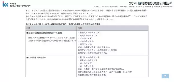 「添付ファイル分離メールサーバへの不正アクセス 第二報 ～ 保存されていたメール情報が漏えいした可能性」の画像