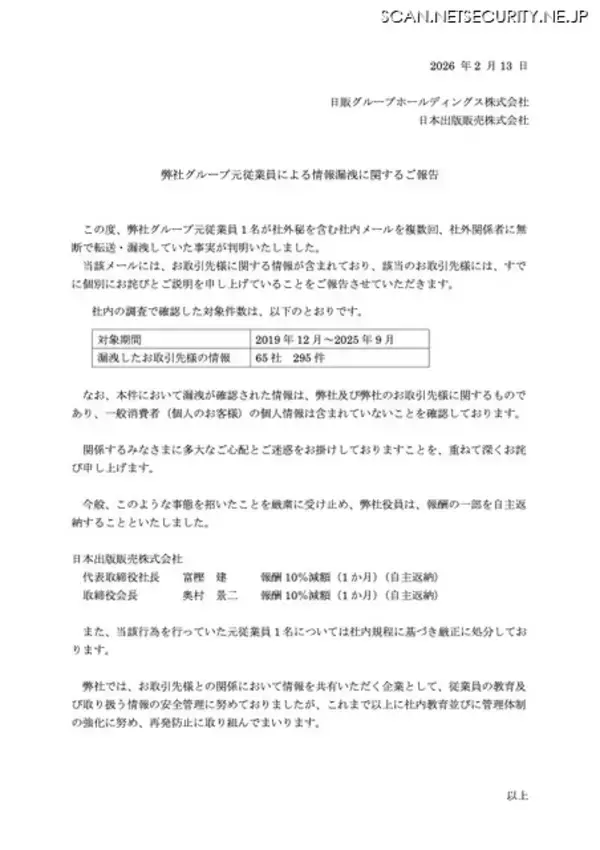 「会長社長が報酬1割自主返納、元従業員が社外秘含むメールを社外に無断転送 ～ 約5年 65社 295件」の画像