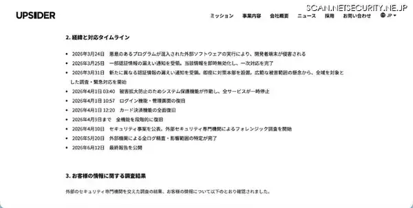 「UPSIDERホールディングスへの不正アクセス、個人情報・法人情報の流出の可能性は極めて低いと判断」の画像