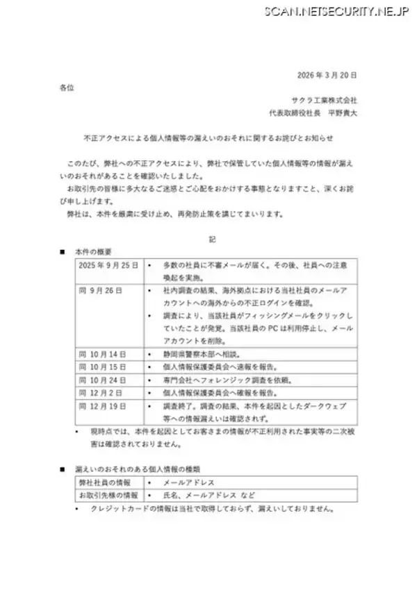 「フィッシングメールをクリック ～ サクラ工業の海外拠点の社員のメールアカウントに不正アクセス」の画像