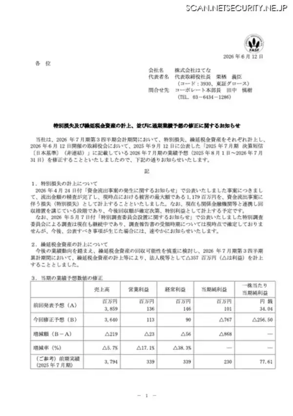 「はてな資金流出、11 億 7,900 万円を特別損失として計上」の画像