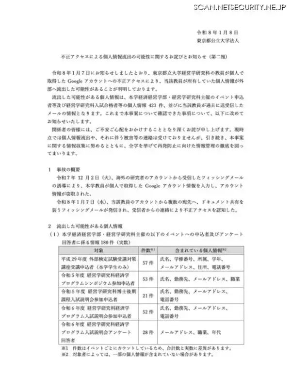 「ドキュメント共有を装うフィッシングメール発信で認知 ～ 東京都立大学教員の Google アカウントに不正アクセス」の画像