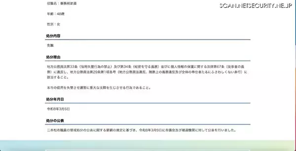「免職処分 ～ 市職員が特定の個人の住所等を検索し知人に伝達」の画像