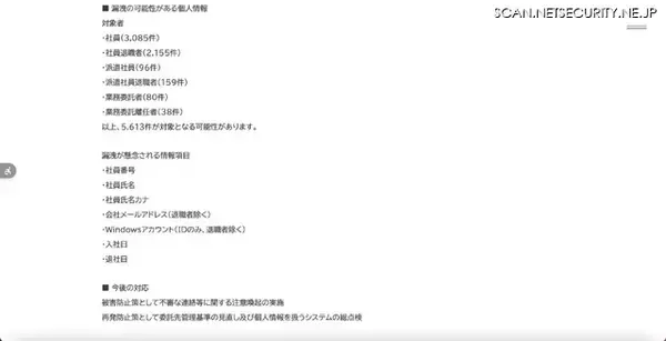 「化粧品製造・販売のアルビオンで利用する外部システムサービスに不正アクセス、勤務経験者 5,613 件の個人情報が漏えいした可能性」の画像